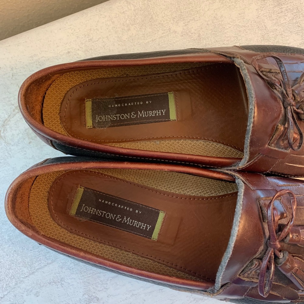 Johnston & Murphy Mens 10.5 M Kiltie Tassel Loafers Brown Black Handcrafted USA - Picture 2 of 15